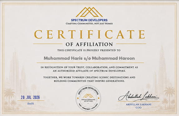 Certificate of Affiliation presented to Muhammad Haris, Authorized Affiliate of Spectrum Developers